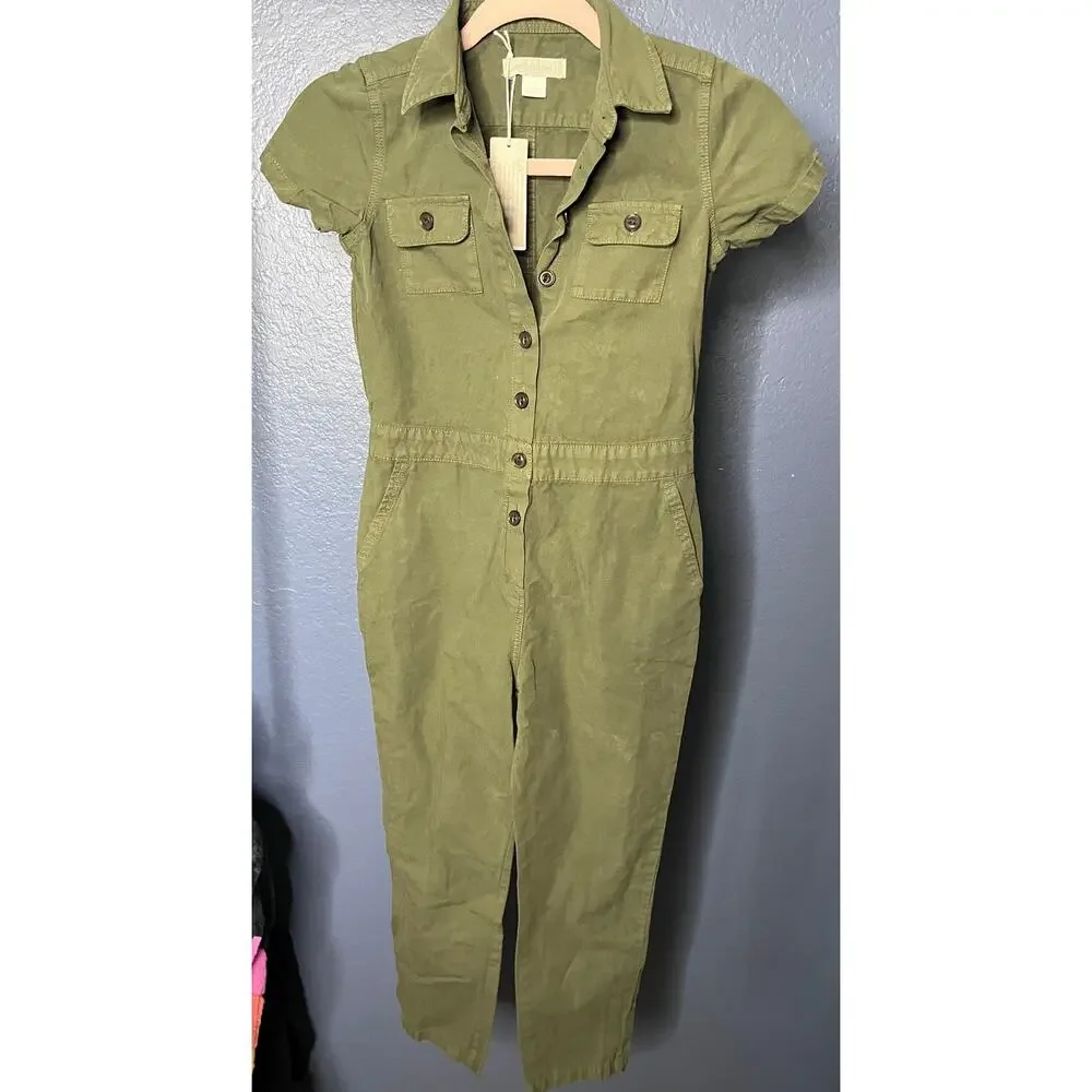 Outerknown S.E.A Utility Jumpsuit Olive Organic Cotton Linen Short Sleeve Kids 7